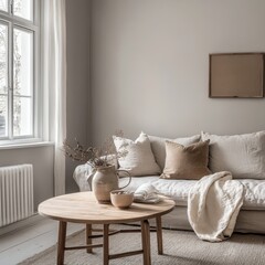 A living room with a white couch, a coffee table, and a vase with flowers on it