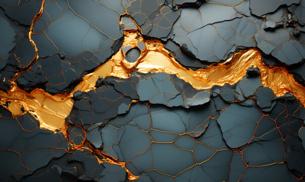 Cracked Blue Ceramic with Kintsugi Gold Inlay