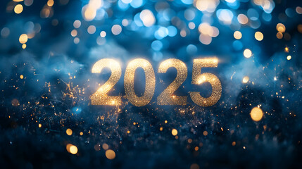 New year banner or greeting card with Luminous inscription Hello 2025