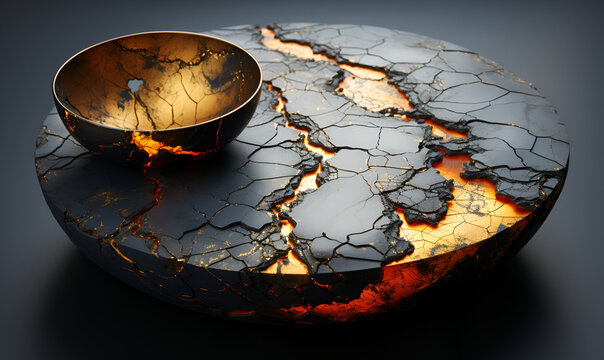 Artistic Gold and Blue Ceramic Set with Kintsugi Design