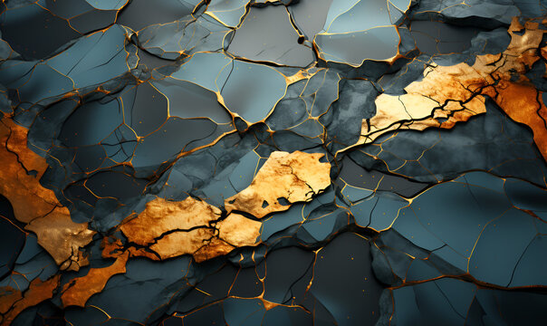 Golden Veined Blue Ceramic Abstract Texture
