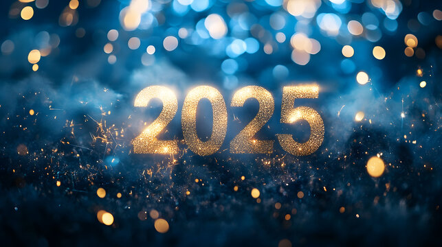 New year banner or greeting card with Luminous inscription Hello 2025