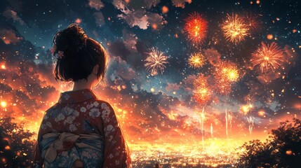 Young Anime Girl Enchanted by Nighttime Firework Display