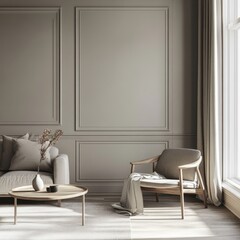 A living room with a white wall and a tan couch. A chair is in the room with a blanket on it. A vase is on a table