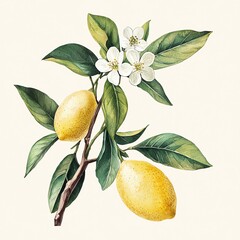 lemon branches with vibrant green leaves white flowers, Watercolor botanical illustration of The lemons are bright yellow, the branches are brown, the leaves are lush green, and the flowers are pure w