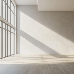 A large, empty room with a large window that lets in a lot of light. The room is mostly white, with a few small details like a vase on a table