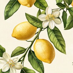 lemon branches with vibrant green leaves white flowers, Watercolor botanical illustration of The lemons are bright yellow, the branches are brown, the leaves are lush green, and the flowers are pure w