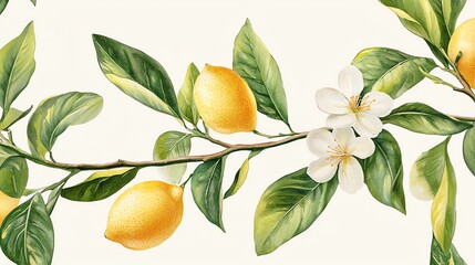 lemon branches with vibrant green leaves white flowers, Watercolor botanical illustration of The lemons are bright yellow, the branches are brown, the leaves are lush green, and the flowers are pure w