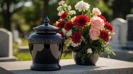 A black urn surrounded by flowers in a serene cemetery during daylight