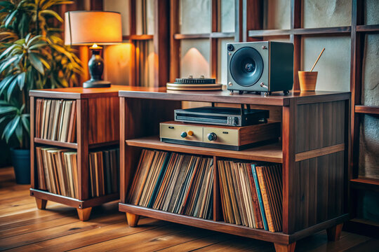 Vintage amplifier and vinyl record player on a wooden shelf, surrounded by stacked albums, creating a nostalgic and cozy atmosphere in a music lover's den.