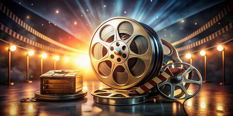 Vintage film reel spinning with glowing light, surrounded by cinematic clapper boards, movie cameras, and film strips in a nostalgic retro background setting.