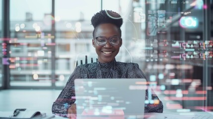 Working and woman check finance chart, stock market database, or futuristic night overlay on laptop. NFT, bitcoin, and crypto trading by African traders, forex investment, and online data analysis