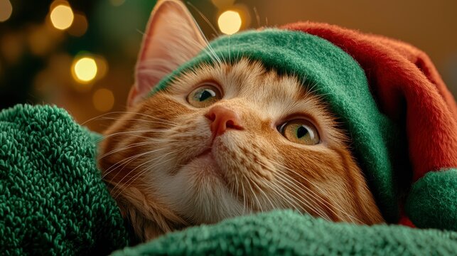 Cat Wearing Santa'S Hat, Festive And Cute