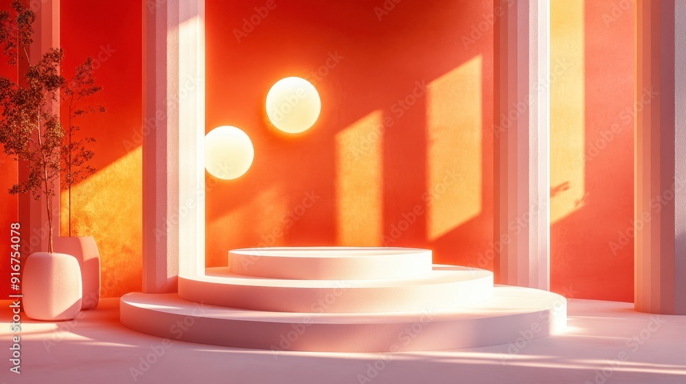 Poster futuristic 3d geometric podium with floating shapes and soft lighting for modern product showcase