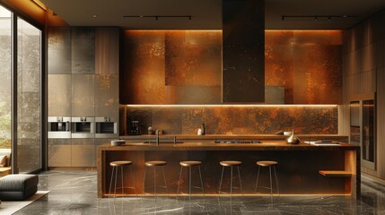 Modern kitchen interior design featuring warm tones, sleek finishes, and elegant seating arrangement in a contemporary home