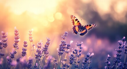 Butterfly in a Lavender Field at Sunset