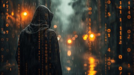 Hooded Figure Walking in the Rain with Glowing Binary Code Overlay, Concept of Cybersecurity, Hacking, and Digital Crime in a Mysterious Urban Environment