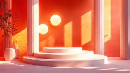 Futuristic 3D Geometric Podium with Floating Shapes and Soft Lighting for Modern Product Showcase