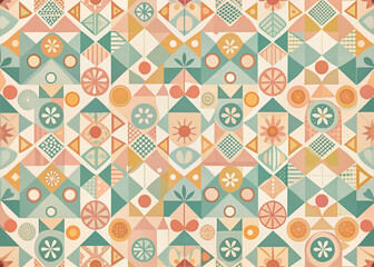 Vintage-inspired geometric patterns in pastel colors and abstract shapes, forming a seamless repeat design, evoke a nostalgic and playful retro aesthetic.