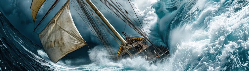 Fototapeta premium Create a dramatic low-angle view of a ship battling turbulent waves, capturing the essence of fear and bravery with a surreal touch, emphasizing the psychological struggle