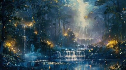 Enchanted forest scene with glowing lights and mystical waterfall, creating a magical and serene atmosphere in a lush, vibrant landscape.