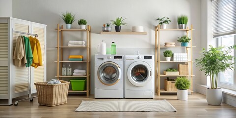 Modern laundry room with electric washing machine, detergent, and cleaning supplies for household chores and fabric care, organized and tidy space.