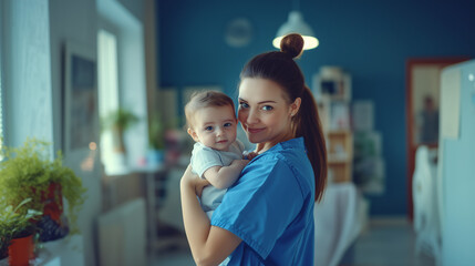 neonatal nurse comforting infant holding from behind warm caring atmosphere bright cozy environment centered composition medical setting professional compassionate