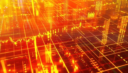 A vibrant 3D abstract scene showcasing data visualizations in vivid orange and yellow, with graphs and charts intricately woven into the composition