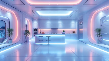 Obraz premium Modern futuristic kitchen interior with glowing lights during evening hours