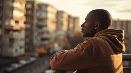 Fototapeta premium Depression, sadness, and mental health with a man on a balcony feeling anxious, angry, or disappointed. Failure, depression, and a young man in grief or anxiety with a challenging challenge