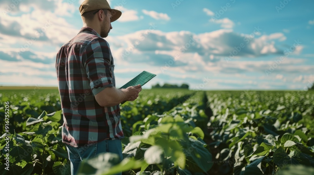 Poster a man in a plaid shirt is reading a tablet while standing in a field of green pl