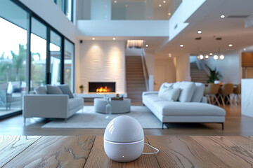 use technology in everyday life. smart speaker on blurred background of home interior.