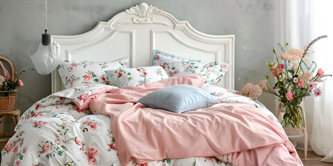 Cozy Bedroom Interior with Floral Bedding and Soft Light
