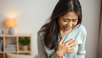 A asian young woman suffering in highly stomach ache and she puts her hand on stomach and crying with pain