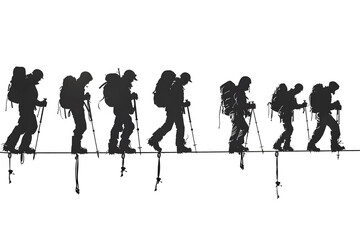 Queue of winter hikers on rope guide