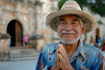 Fototapeta premium A Mexican man with a happy expression prays in front of a beautiful historic building.