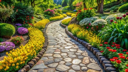 Winding outdoor pathway featuring small rocks alongside half-yellow tiles, lined with lush greenery and vibrant flowers on a sunny day.