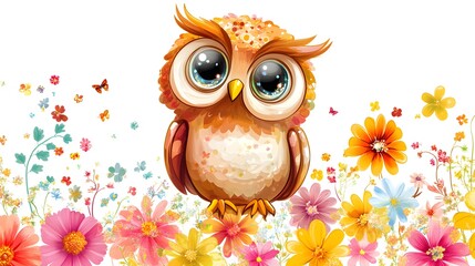 Fototapeta premium Cute Owl in a Field of Flowers.