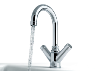 Modern faucet with water flowing, cut out