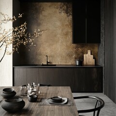 A kitchen with a black countertop and a black sink. A vase with flowers on the counter. A wooden dining table with a chair. A bowl of fruit on the table