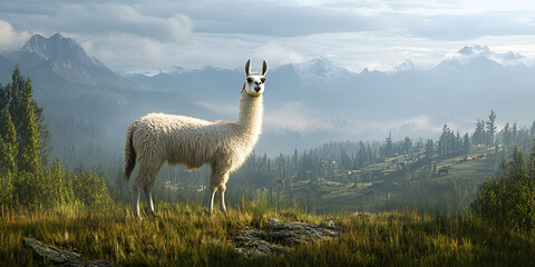 Fototapeta premium Llama Grazing in Majestic Mountain Landscape.