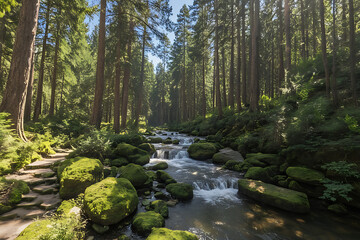 Obraz premium Serene Forest with Pine Trees, Moss-Covered Stone Steps, and a Gently Flowing Stream
