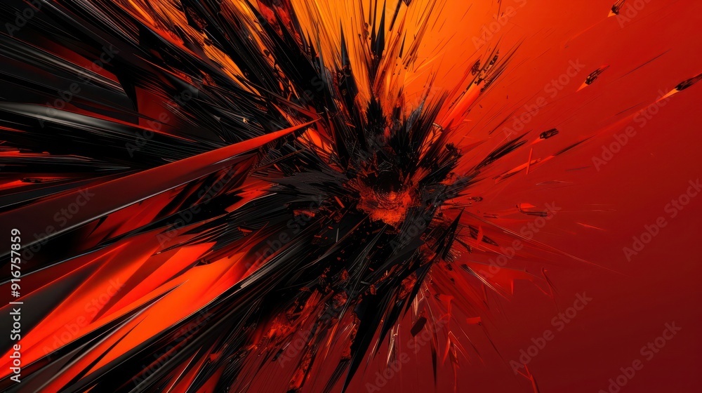 Poster bold 3d abstract background depicting sharp, algorithmically generated black and orange fractal patt