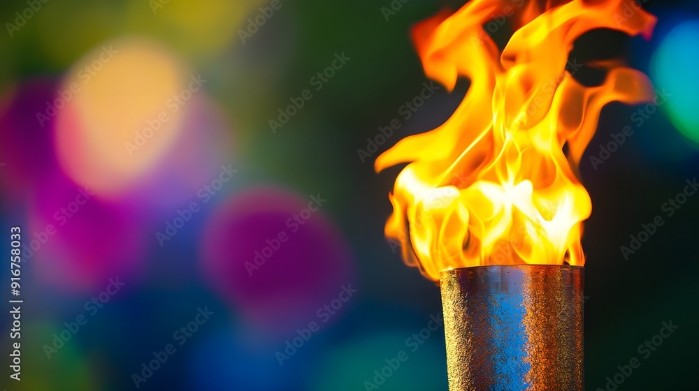 Poster torch flame against colorful bokeh background.