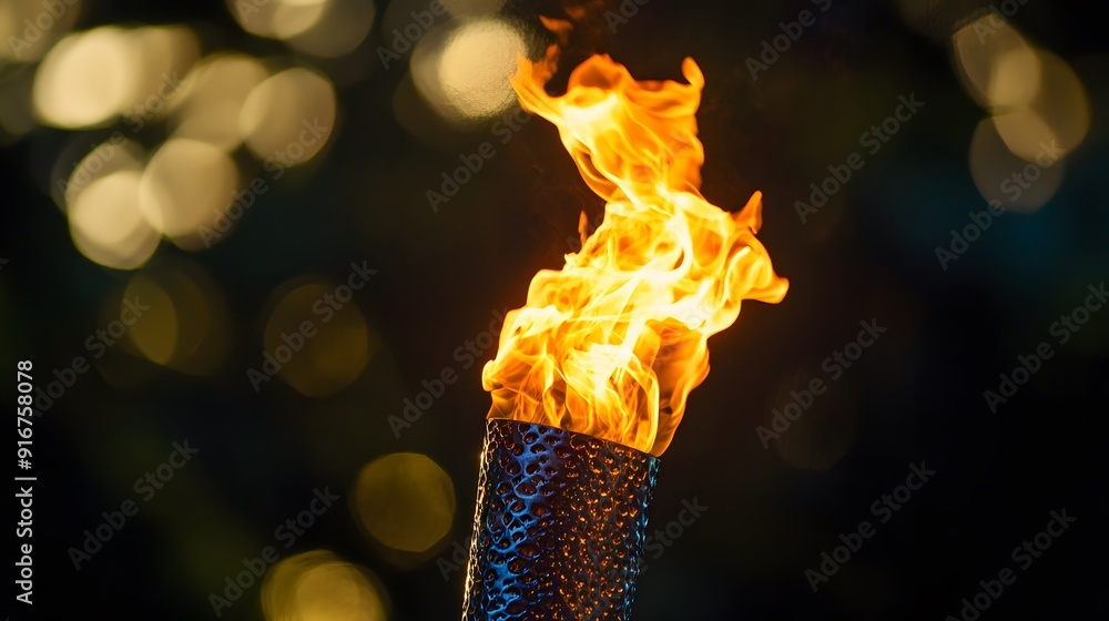 Poster burning torch with bokeh lights.