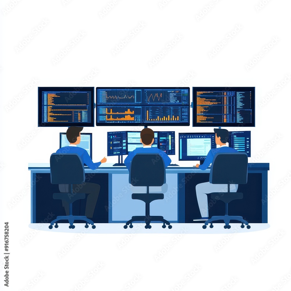 Poster Three IT professionals monitoring multiple screens in a control room, focusing on cybersecurity and system management.