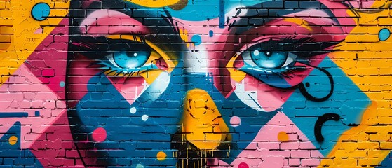 Colorful graffiti art of a woman's eye on a brick wall.