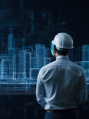 A construction engineer in a hard hat examines a futuristic cityscape, visualizing innovative building designs and structures.