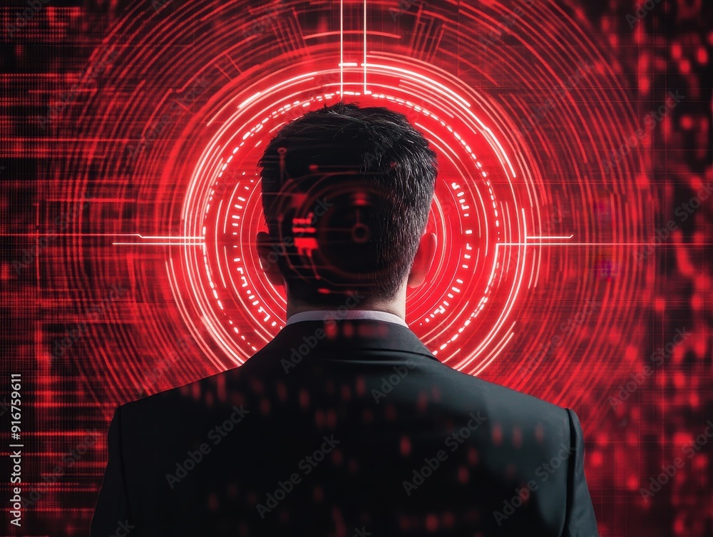Aufkleber Back view of man in suit facing digital red target interface, representing cybersecurity, technology, and data analytics concepts.
