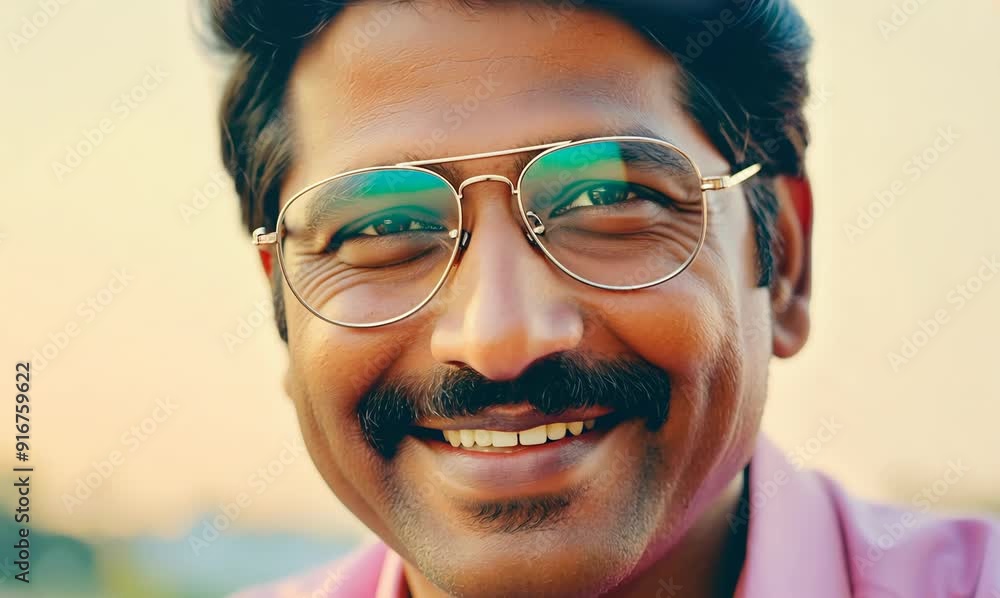 Poster Portrait of a smiling Indian man in eyeglasses and pink shirt